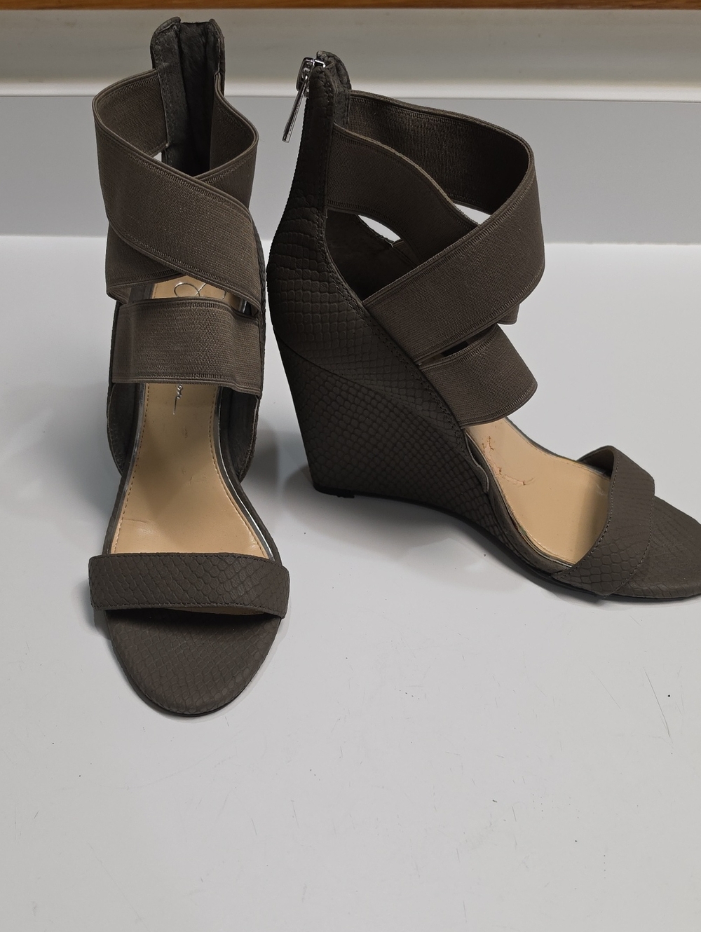 Jessica Simpson Maddalo Elastic Strappy Wedge  Open-Toe Sandals-Taupe - Size 8.5
